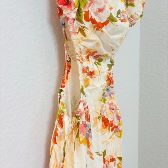 La Porte Detachable Sleeve Side Cutout Linen Floral Maxi Dress Peach Size Small - Picture 4 of 7